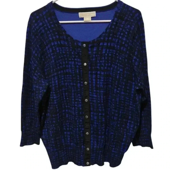 Michael Kors Cardigan 2X Abstract Plaid Button Down Sweater Royal Blue 3/4 Sleev - Picture 1 of 10